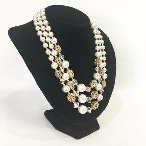 Vintage Triple Strand Beaded Necklace Pearl Gold
